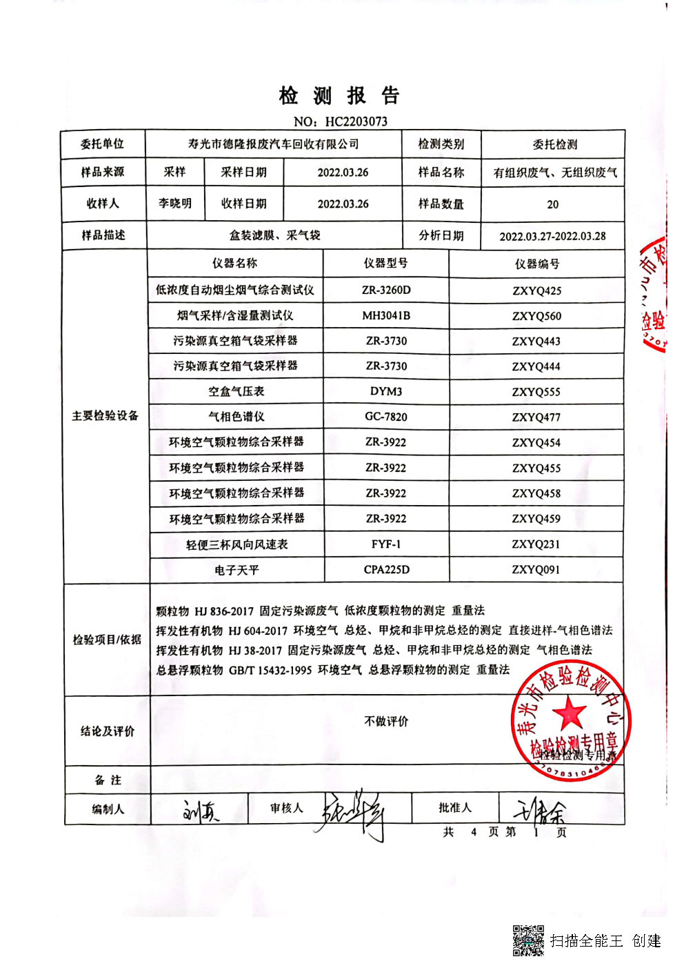 开云(中国)Kaiyun·体育官方网站报废汽车回收有限公司排气筒检测报告公示